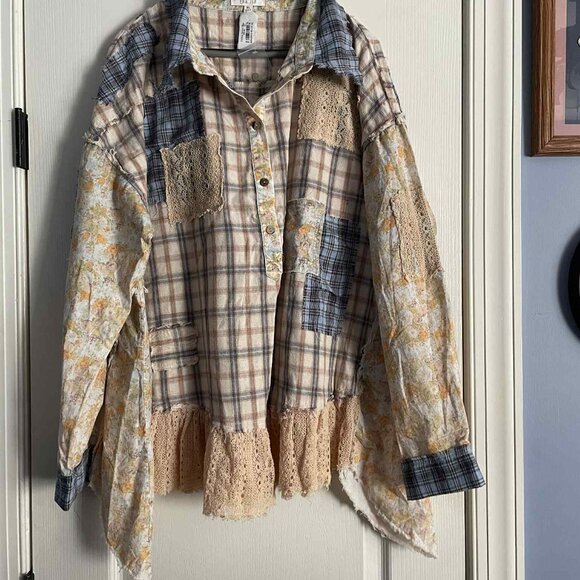 Oli & Hali Ruffled Lace Button Up Plaid Shirt with Pockets - NWT - Blue - XL - Picture 2 of 5